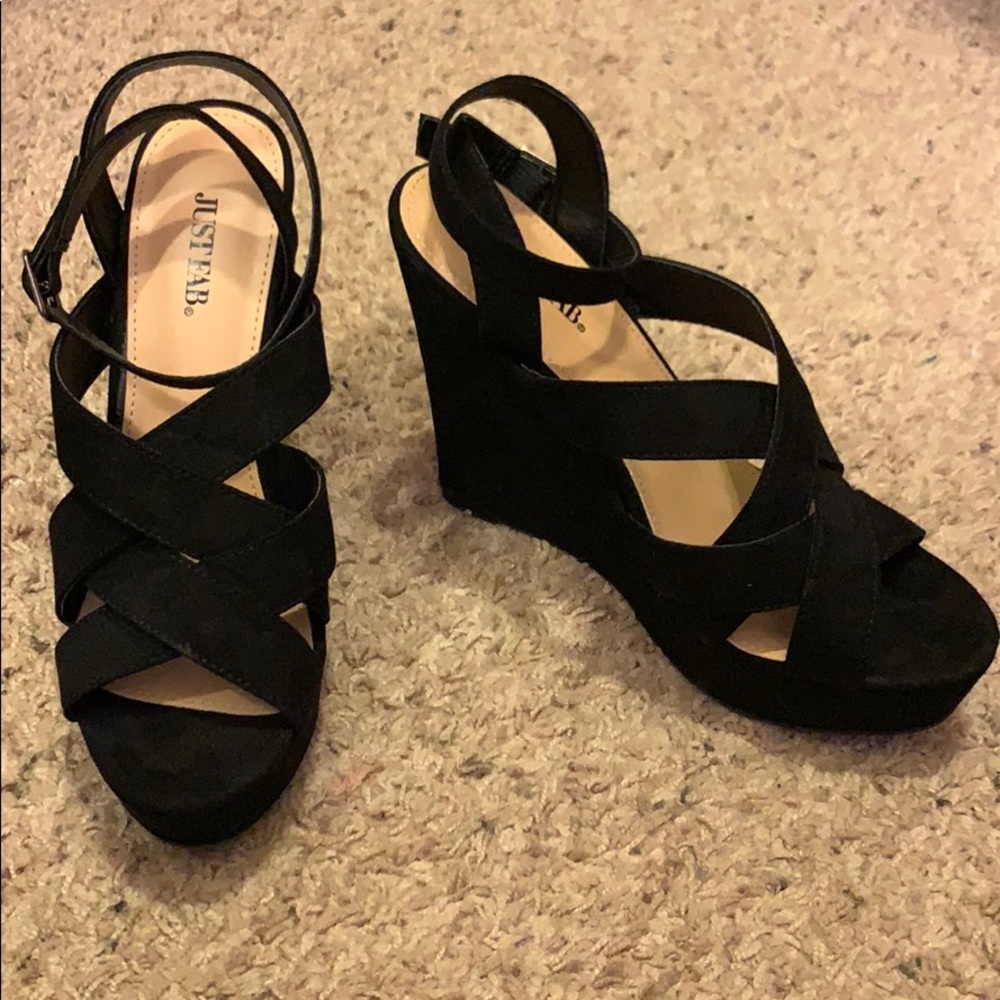 Black JustFab cross cross wedges